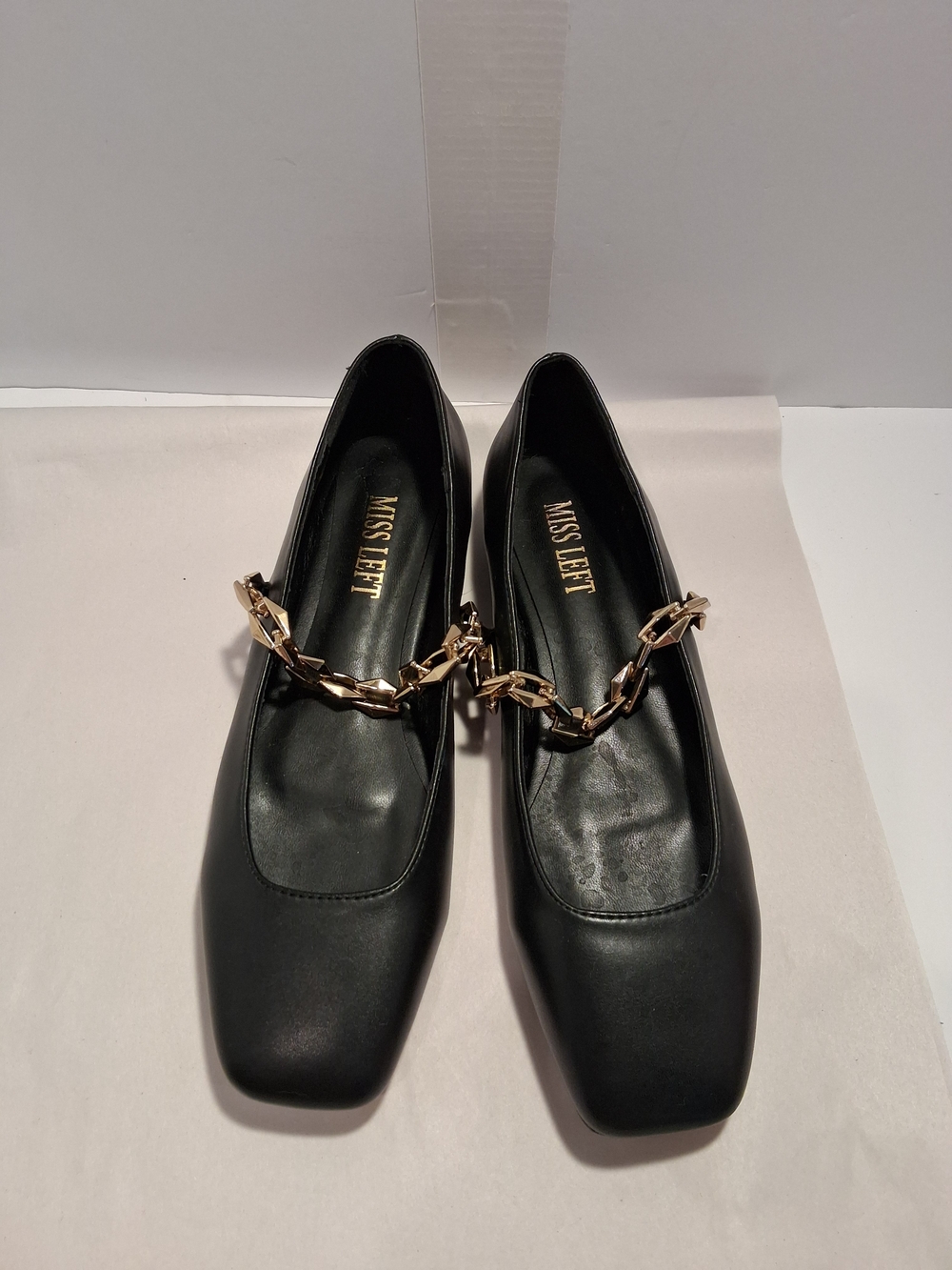 Miss Left Black Flats with Gold Chain Accent